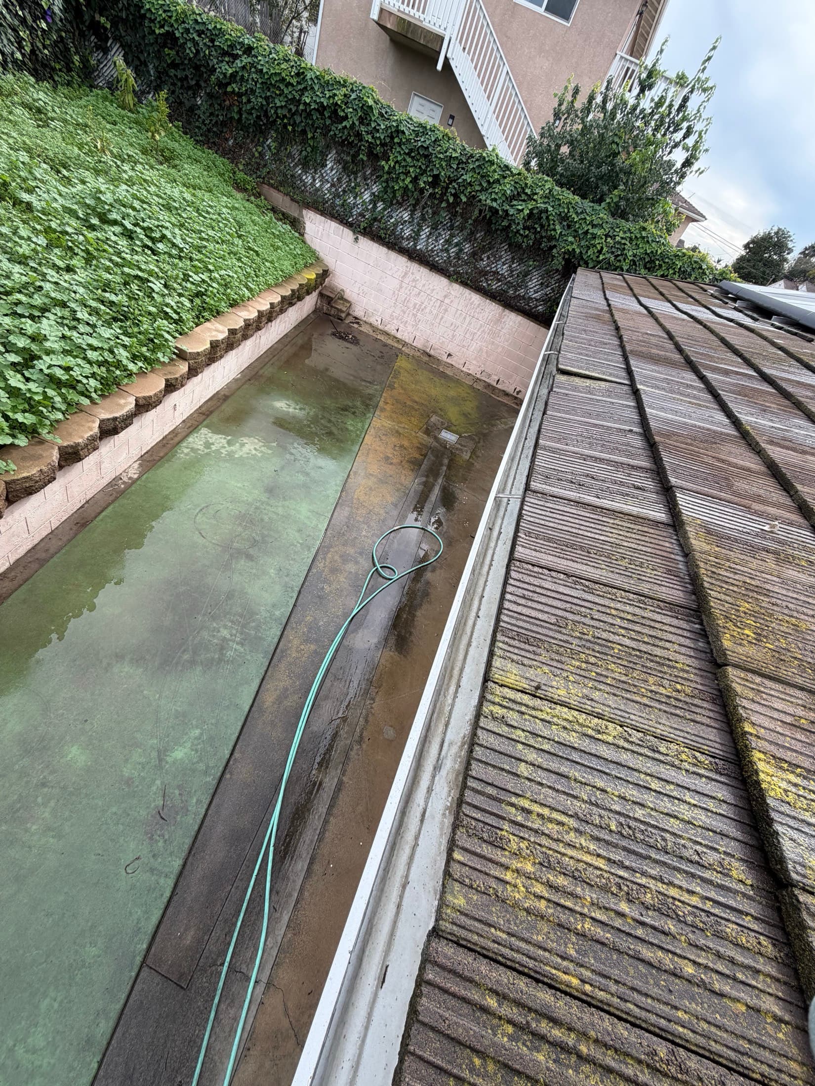 Roof line and patio before pressure washing at an El Cajon home